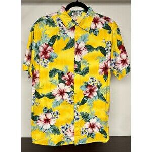 H2H Hawaiian Shirt Men Sz L Cotton Button Up Short Sleeve Yellow Tropical Resort